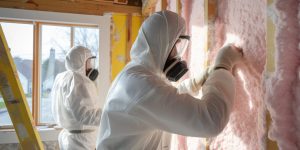Worker in protective suit painting wall of new house with paint roller, A construction crew installing insulation in the walls of a residential property, AI Generated