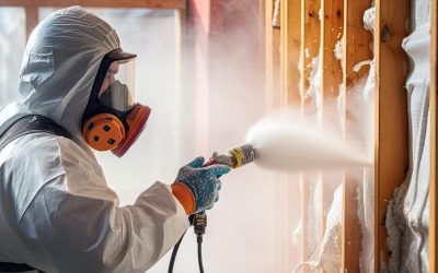 Man worker using plural component gun to spray polyurethane foam inside wooden frame house for insulation